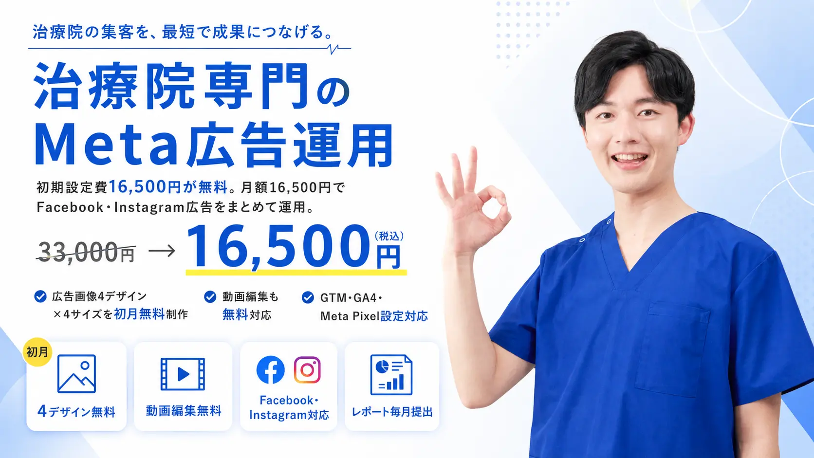 治療院専門Meta広告運用。初期設定費無料、月額16,500円。広告画像・動画編集にも対応。